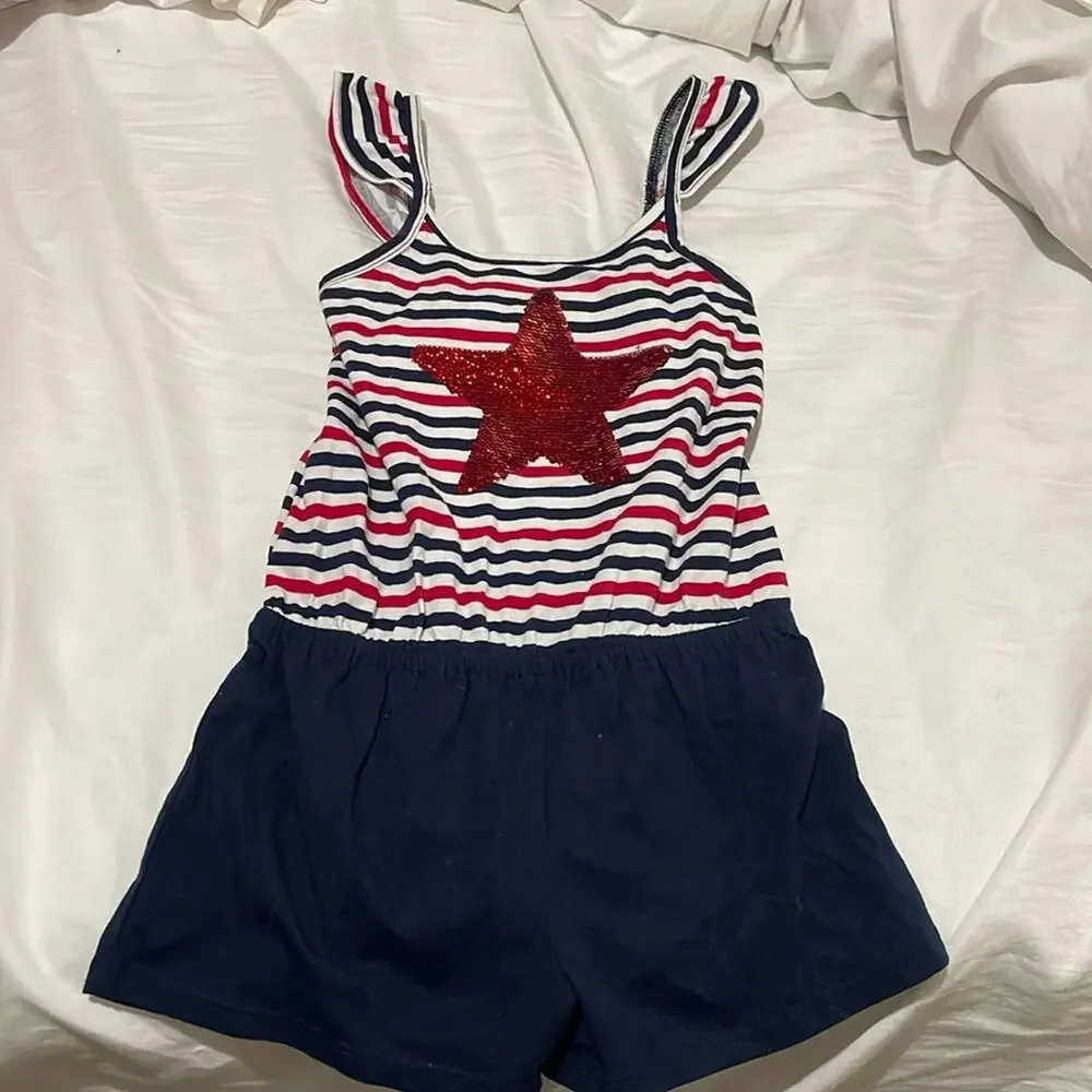Children place 5/6 S red white blue romper sequined star ruffled sleeve euc